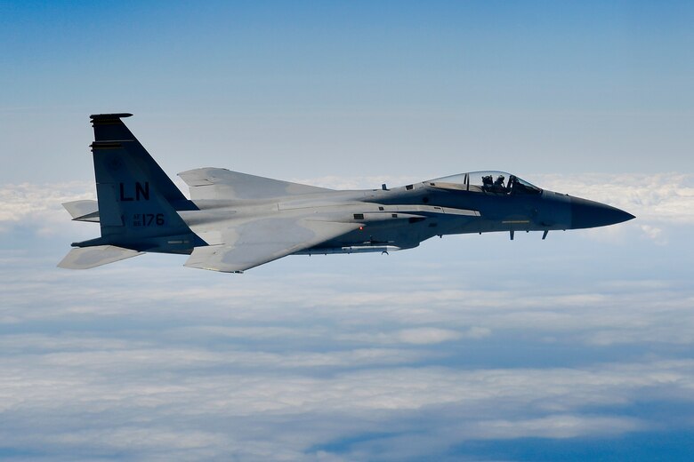 An F-15C Eagle assigned to the 493rd Fighter Squadron conducts aerial operations in support of exercise Point Blank 20-02 over the North Sea, May 12, 2020. The joint event, held quarterly between the Royal Air Force and U.S. Air Forces stationed in the United Kingdom was the first to be conducted amid the COVID-19 pandemic. (U.S. Air Force photo/ Master Sgt. Matthew Plew)