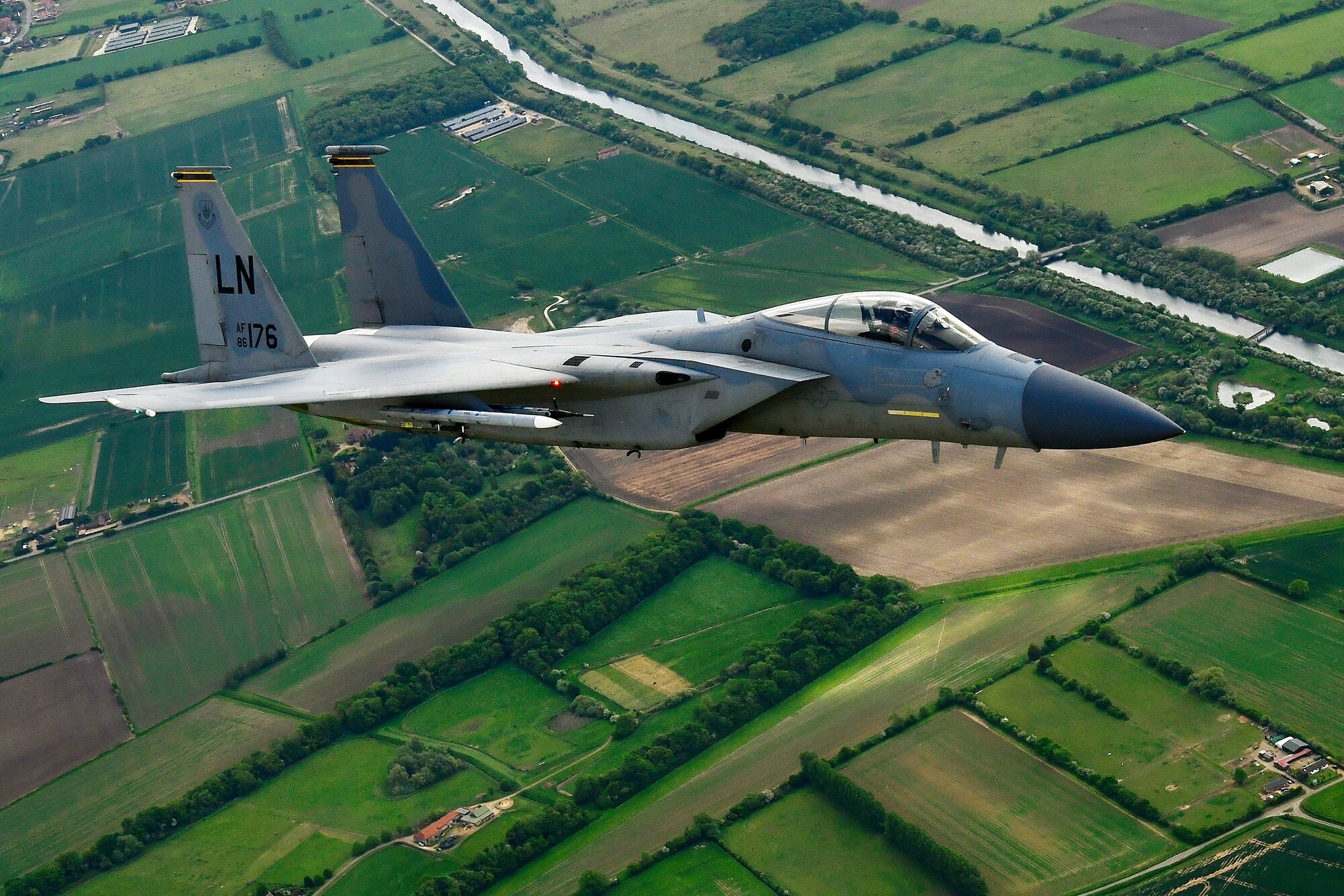 An F-15C Eagle assigned to the 493rd Fighter Squadron conducts aerial operations in support of exercise Point Blank 20-02 over East Anglia, May 12, 2020. The joint event, held quarterly between the Royal Air Force and U.S. Air Forces stationed in the United Kingdom was the first to be conducted amid the COVID-19 pandemic. (U.S. Air Force photo/ Master Sgt. Matthew Plew)