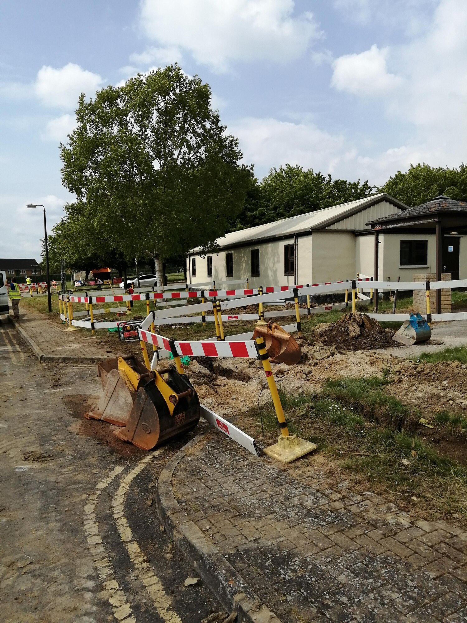 Contractors install new communication lines at RAF Fairford, England, May 4, 2020. Run by the 501st Combat Support Wing Plans and Programs Office, the project aims to recapitalize information technology infrastructure around the base, ensuring its networks are resilient and reliable for an expanding mission set (Courtesy photo)