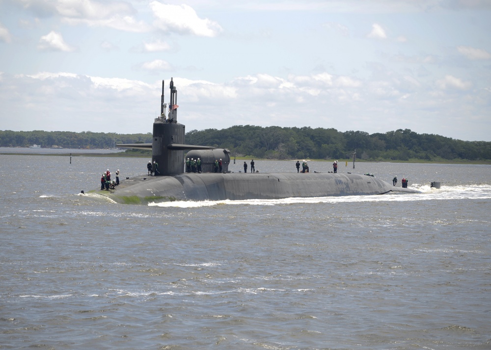 The Ohio-class guided-missile submarine USS Florida (SSGN 728) returns to its homeport, Naval Submarine Base Kings Bay, Georgia, May 9. The ship was forward deployed for more than 800 days, providing the U.S. Navy with one of the most versatile and clandestine platforms in the fleet. Guided-missile submarines are capable of carrying up to 154 Tomahawk land-attack cruise missiles and host up to 66 Special Operation Forces. Naval Submarine Base Kings Bay is homeport to all East Coast Ohio-class submarines.