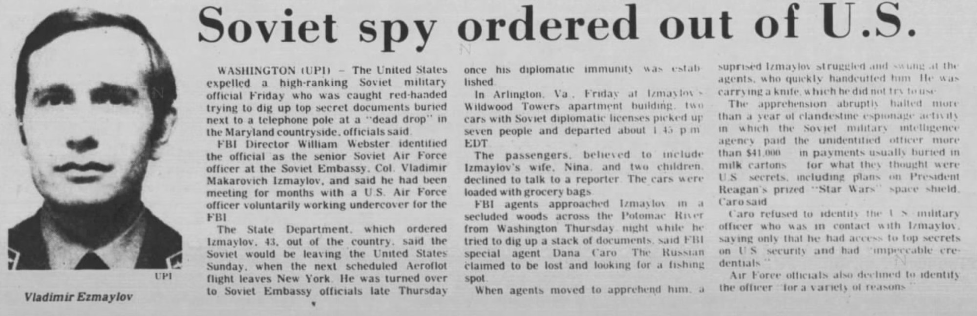 A June 21, 1986, newspaper article depicting Vladimir Izmaylov as the Soviet spy who was ordered to leave the U.S. (The Scranton, Pa. Tribune)