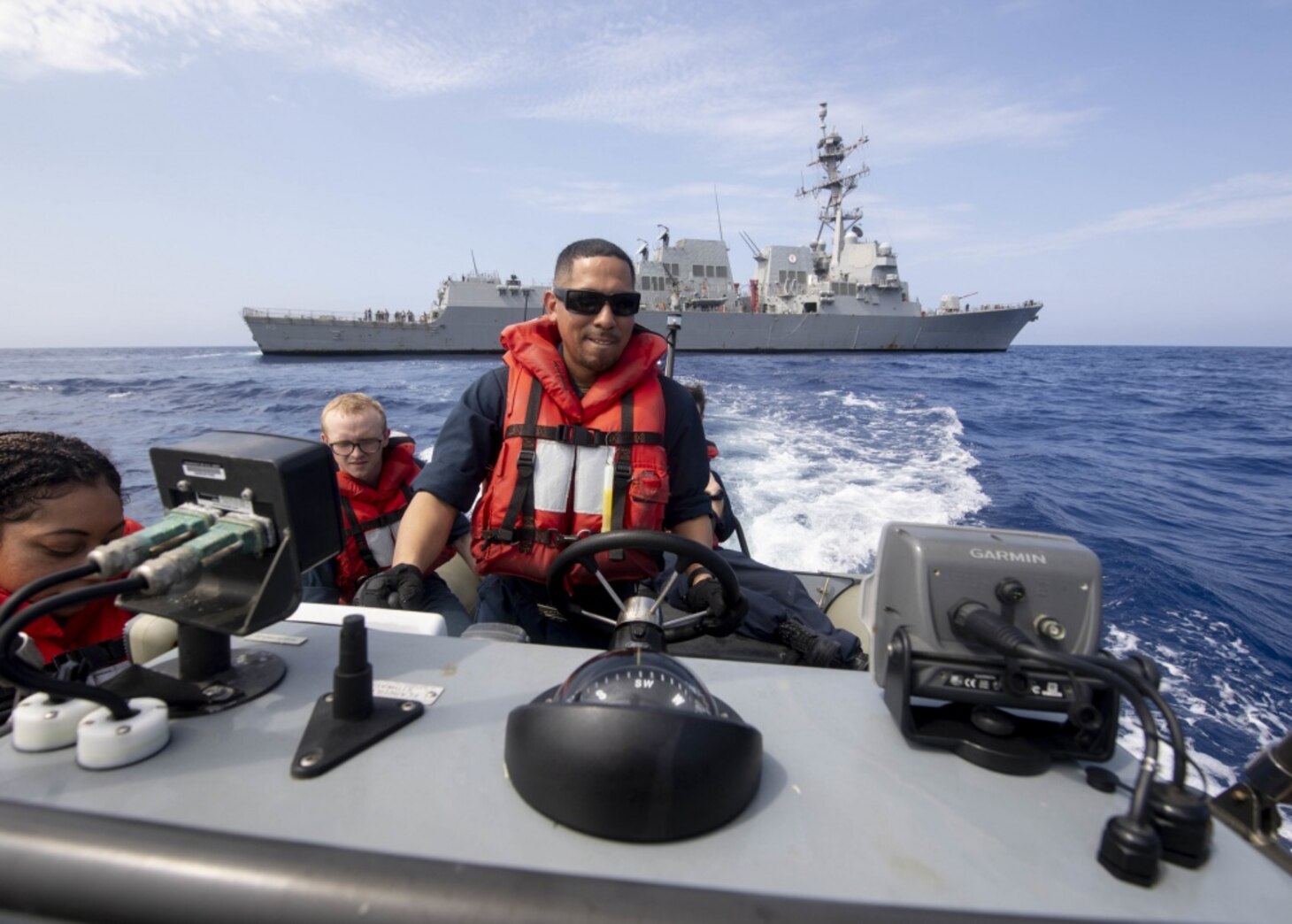 PHILIPPINE SEA (May 12, 2020) U.S. Navy Boatswain’s Mate 2nd Class Eric Alexander, from Houston, operates a rigid-hull inflatable boat during a man overboard drill with the Arleigh Burke-class guided-missile destroyer USS Rafael Peralta (DDG 115). Rafael Peralta is deployed to the U.S. 7th Fleet area of operations in support of security and stability in the Indo-Pacific region.