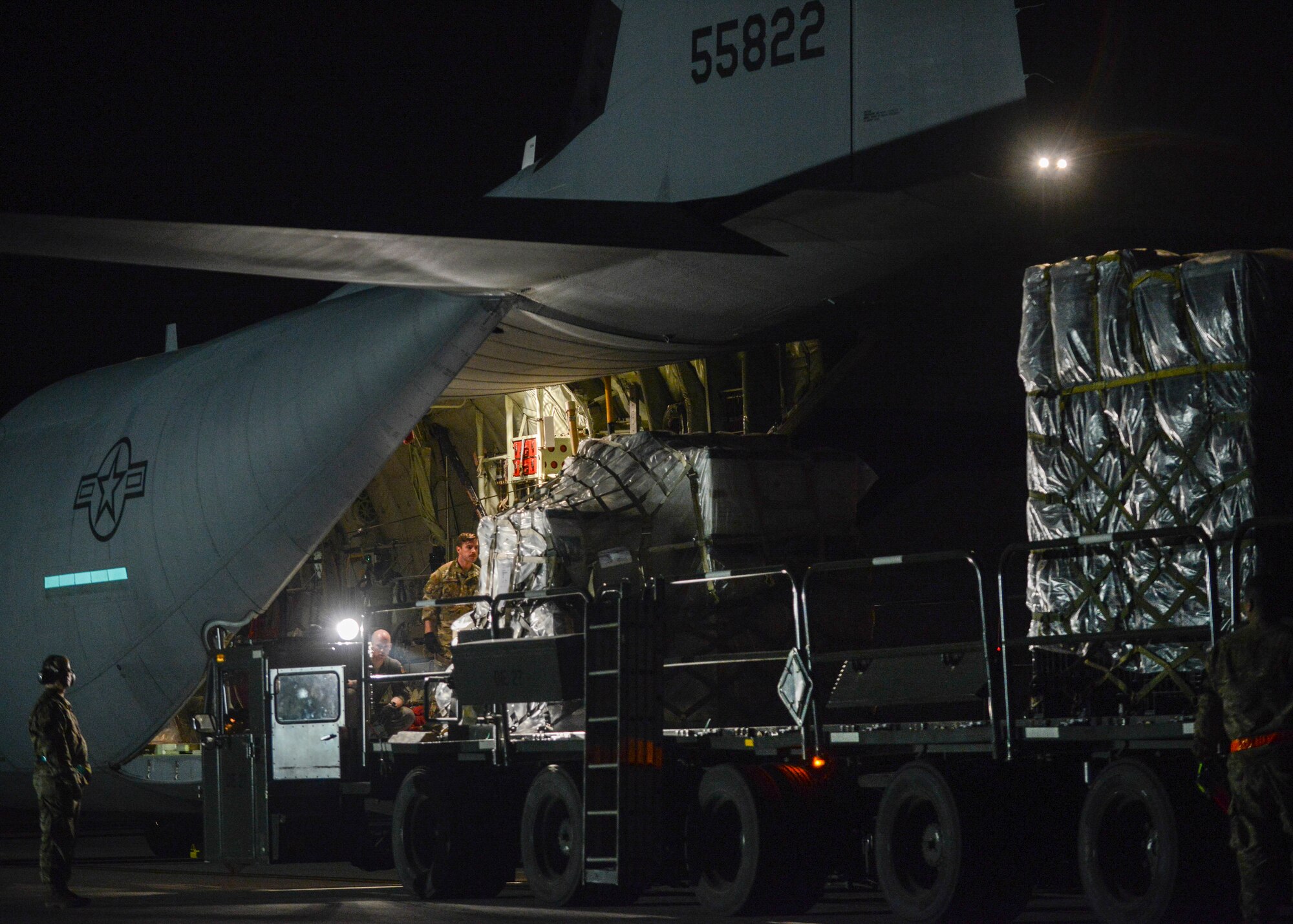 A C-130 Hercules stationed out of Ramstein Air Base, Germany delivers pallets of medical equipment to Aviano Air Base, Italy, March 20, 2020.