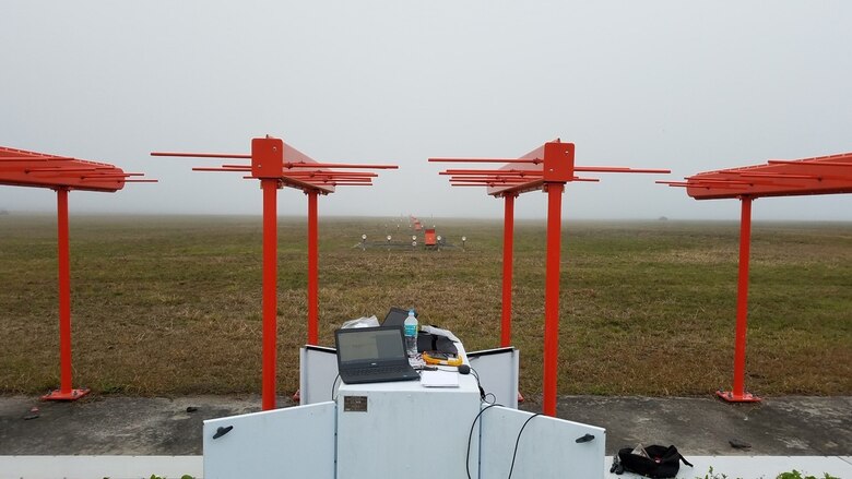 Localizer antenna arrays, which are located at the end of every runway in the Air Force, are part of the navigational aids regularly inspected by the Air Force Flight Standards Agency. These arrays guide aircraft to the center of the runway for safety purposes and AFFSA performs annual inspections to verify the system is within Federal Aviation Administration and Air Force tolerances. (Courtesy photo)