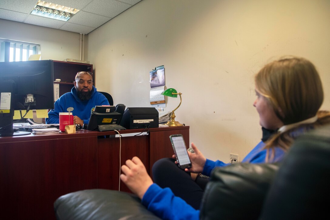 Yahya Abdul-Qaadir, 100th Force Support Squadron Outdoor Recreation manager, and Kim Stonebridge, 100th FSS ODR adventure programmer, discuss and plan trips for Team Mildenhall at RAF Mildenhall, England, May 11, 2020. The COVID-19 lockdown has led to the cancellation of many planned trips, but it hasn’t stopped the center’s staff from brainstorming future events. (U.S. Air Force photo by Airman 1st Class Joseph Barron)
