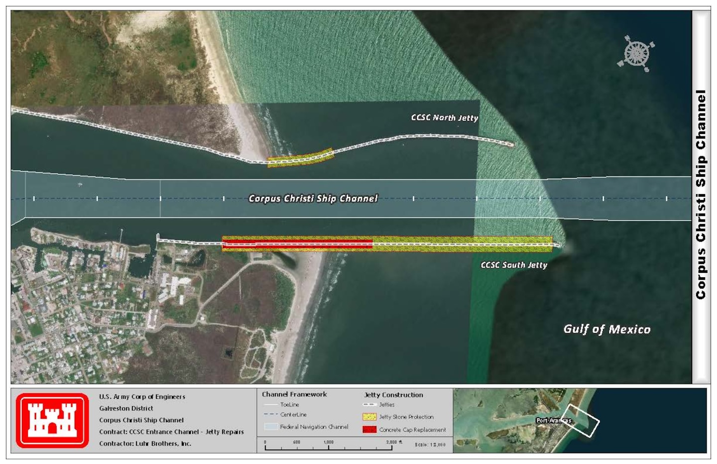 Map of Corpus Christi Ship Channel- Jetty Repairs. The white dotted lines represent the jetties, yellow line represents Jetty Stone Protection, and the red line represents concrete cap replacement.
*See legend on the bottom of the map for additional details.