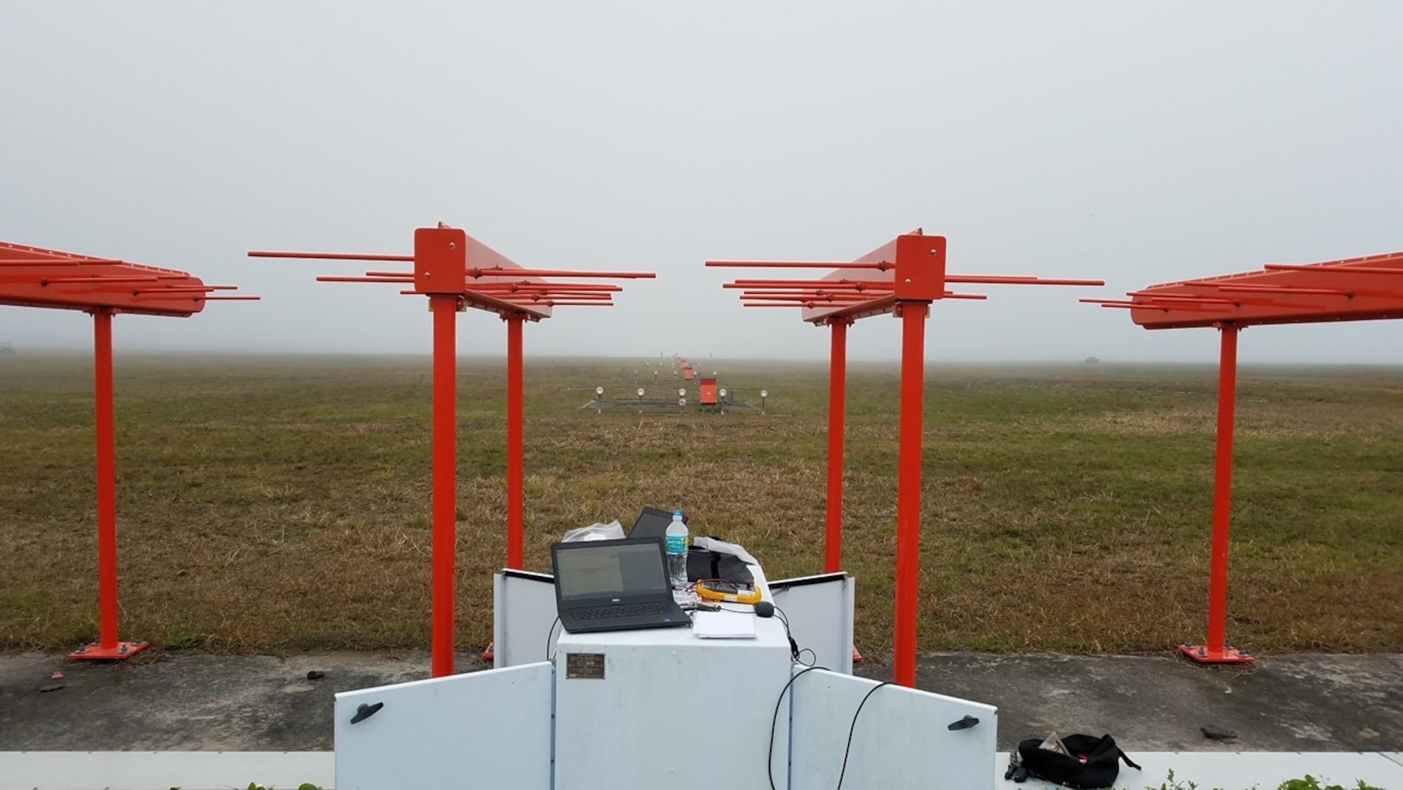 Localizer antenna arrays, which are located at the end of every runway in the Air Force, are part of the navigational aids regularly inspected by the Air Force Flight Standards Agency. These arrays guide aircraft to the center of the runway for safety purposes and AFFSA performs annual inspections to verify the system is within Federal Aviation Administration and Air Force tolerances. (Courtesy photo)
