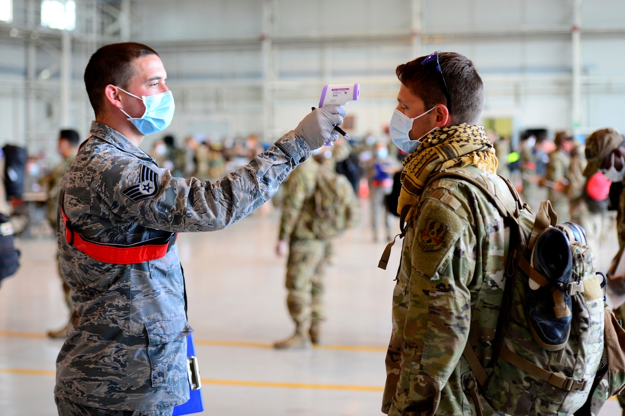 Airman taking temperatures.