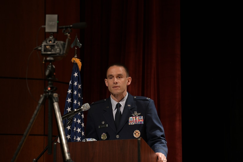 Col. Marc Greene, 628th Air Base Wing and joint base commander, delivers a speech during a change of command ceremony at Joint Base Charleston, S.C., May 13, 2020. Greene is a U.S. Air Force Academy Graduate, class of 2000.He most recently served as the commander of the 305th Operations Group at Joint Base McGuire-Dix-Lakehurst and is a command pilot with more than 3,300 flight hours. (U.S. Air Force photo by Senior Airman Joshua R. Maund)