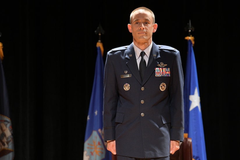 Col. Marc Greene, 628th Air Base Wing and joint base commander, stands at attention during a change of command ceremony at Joint Base Charleston, S.C., May 13, 2020. Greene is a U.S. Air Force Academy Graduate, class of 2000. He most recently served as the commander of the 305th Operations Group at Joint Base McGuire-Dix-Lakehurst and is a command pilot with more than 3,300 flight hours.
