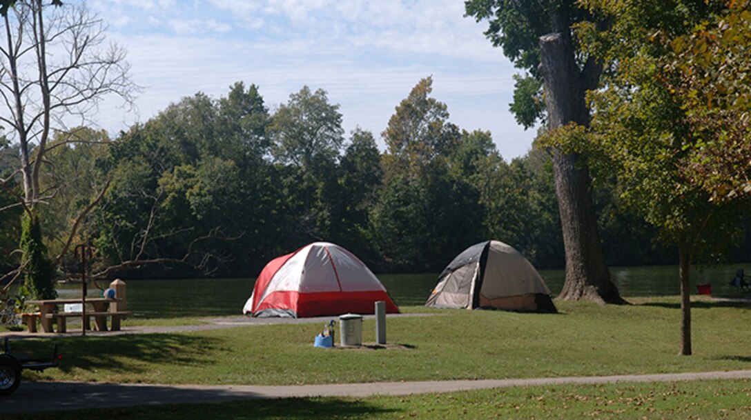 As part of a phased approach for reopening facilities as part of its COVID-19 reopening plan, the U.S. Army Corps of Engineers Nashville District is opening its corps-managed campgrounds within the Cumberland River Basin in Tennessee June 1, 2020.  Nashville District’s corps-managed campgrounds in Kentucky will reopen June 11 in alignment with Kentucky’s Phase 2 reopening plan. This is a campsite at Lock C Campground on the shoreline of Cheatham Lake in Ashland City, Tennessee, during a past recreation season. (USACE Photo by Lee Roberts)