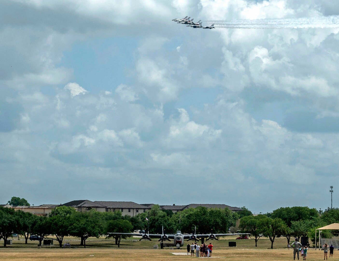 The United States Air Force Air Demonstration Squadron “Thunderbirds” perform a flyover at Joint Base San Antonio-Lackland during their America Strong salute May 13.