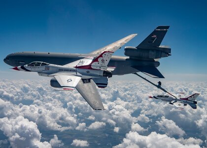 The United States Air Force Air Demonstration Squadron “Thunderbirds” receive fuel over Texas May 13 from the 60th Air Mobility from Travis Air Force Base, California.