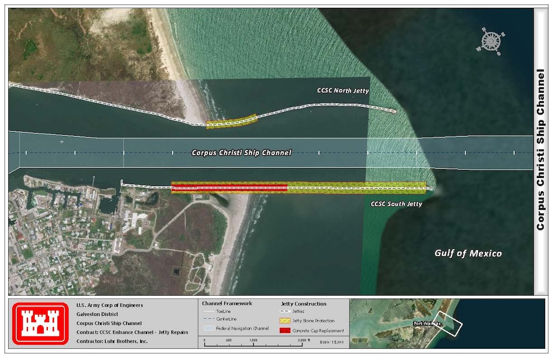 Map of Corpus Christi Ship Channel- Jetty Repairs. The white dotted lines represent the jetties, yellow line represents Jetty Stone Protection, and the red line represents concrete cap replacement.
*See legend on the bottom of the map for additional details.