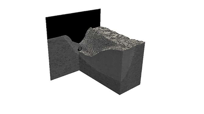Depicted is a 3-dimensional reconstruction of an end-of-track defect observed in processing of titanium. The remnant depression visible on the top surface can lead to defects when subsequent layers are deposited. Also visible are different microstructures in the substrate, heat affected zone, and deposited material. (Courtesy illustration)