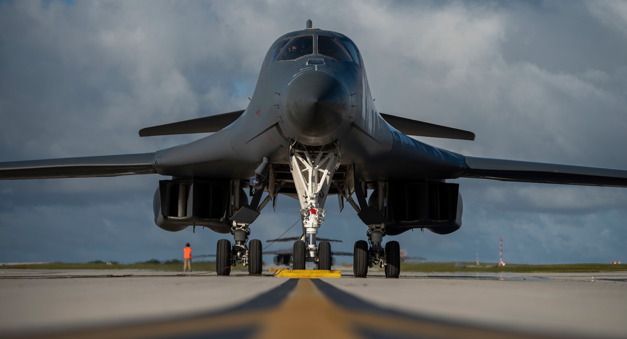 A 9th Expeditionary Bomb Squadron B-1B Lancer waits to park at Andersen Air Force Base, Guam, May 14, 2020, after completing a training mission in the East China Sea. The 9th EBS deployed to Guam along with 200 Airmen assigned to the 7th Bomb Wing at Dyess AFB, Texas, as part of a Bomber Task Force and is supporting Pacific Air Forces’ strategic deterrence missions and commitment to the security and stability of the Indo-Pacific region. (U.S. Air Force photo by Senior Airman River Bruce)
