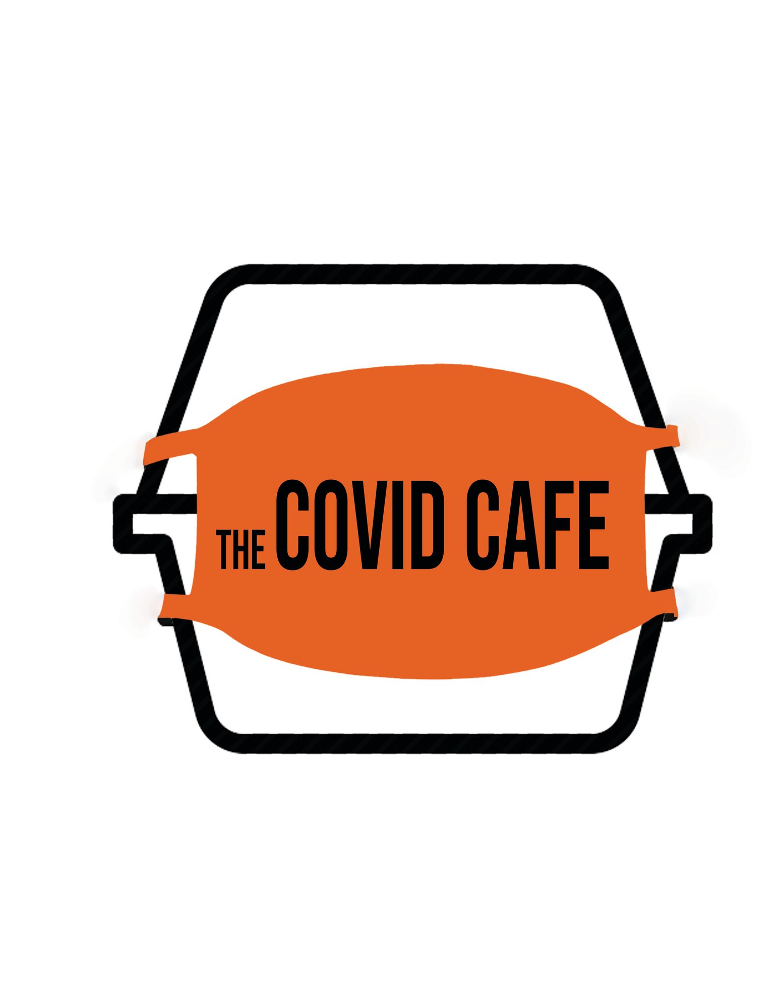 To-go box of food with face mask on it that says COVID Cafe