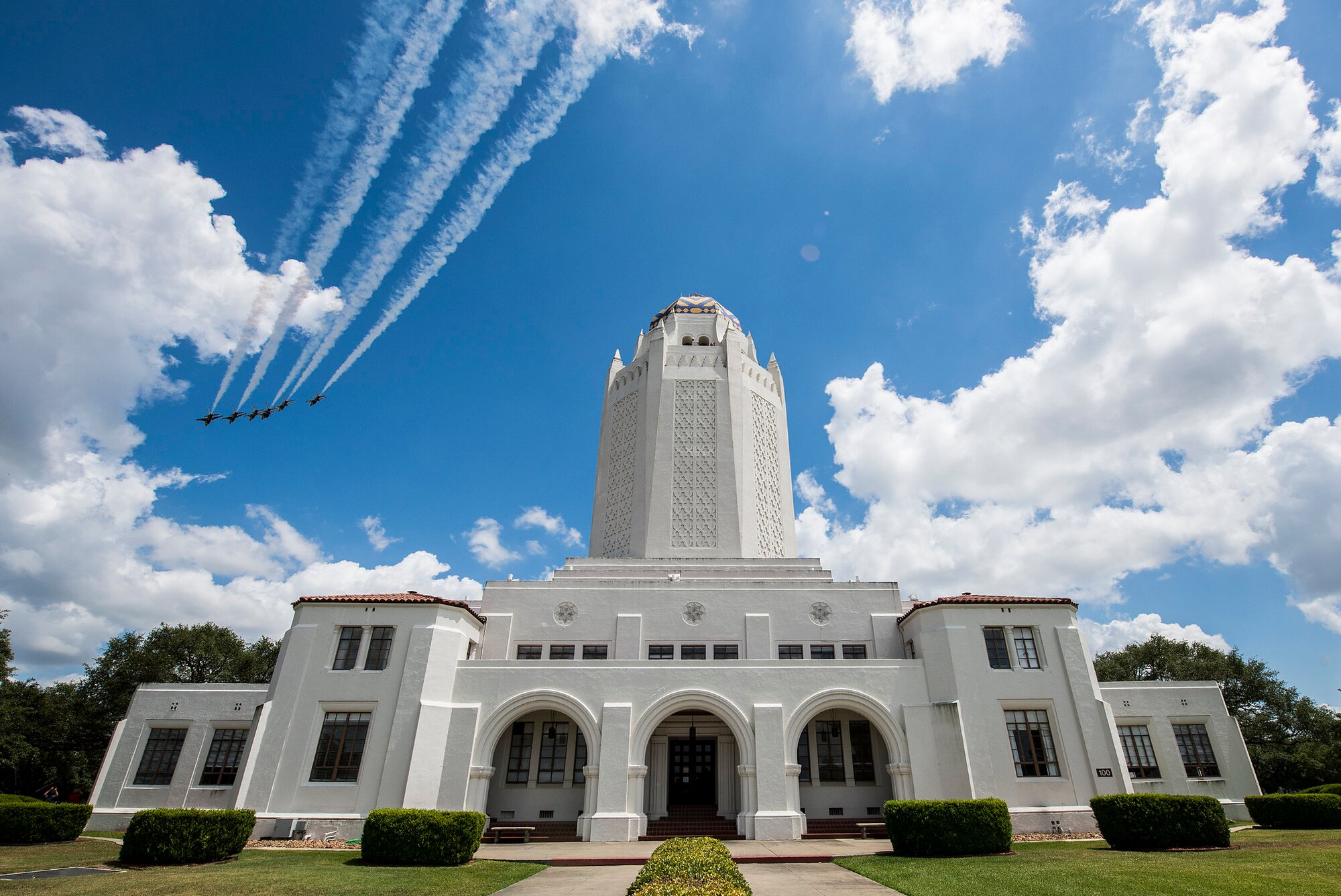 The United States Air Force Air Demonstration Squadron “Thunderbirds” fly over the Taj Mahal at Joint Base San Antonio-Randolph during their America Strong salute May 13.