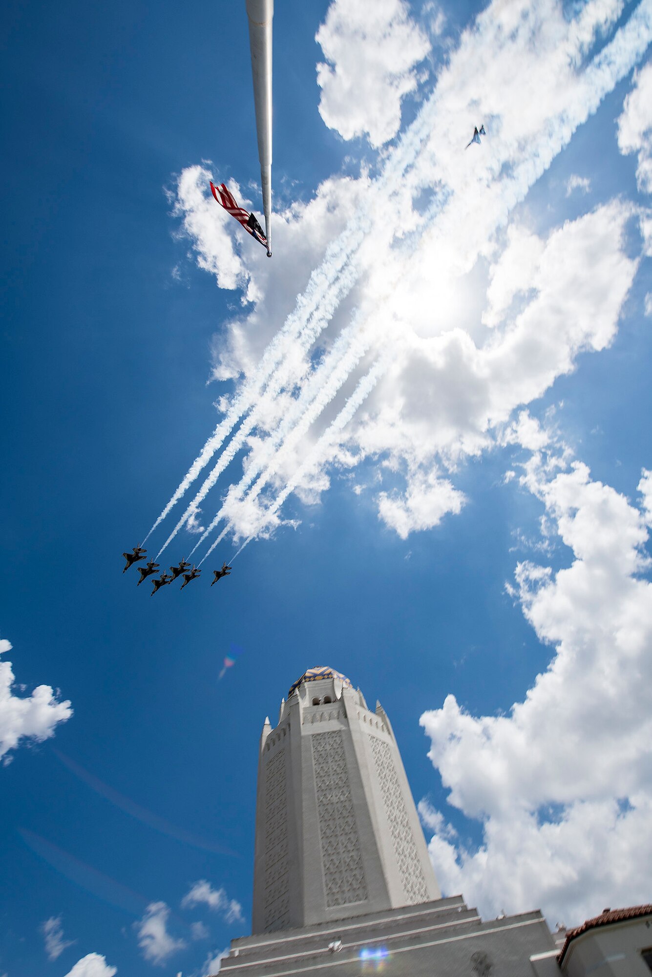 The United States Air Force Air Demonstration Squadron “Thunderbirds” fly over the Taj Mahal at Joint Base San Antonio-Randolph during their America Strong salute May 13.