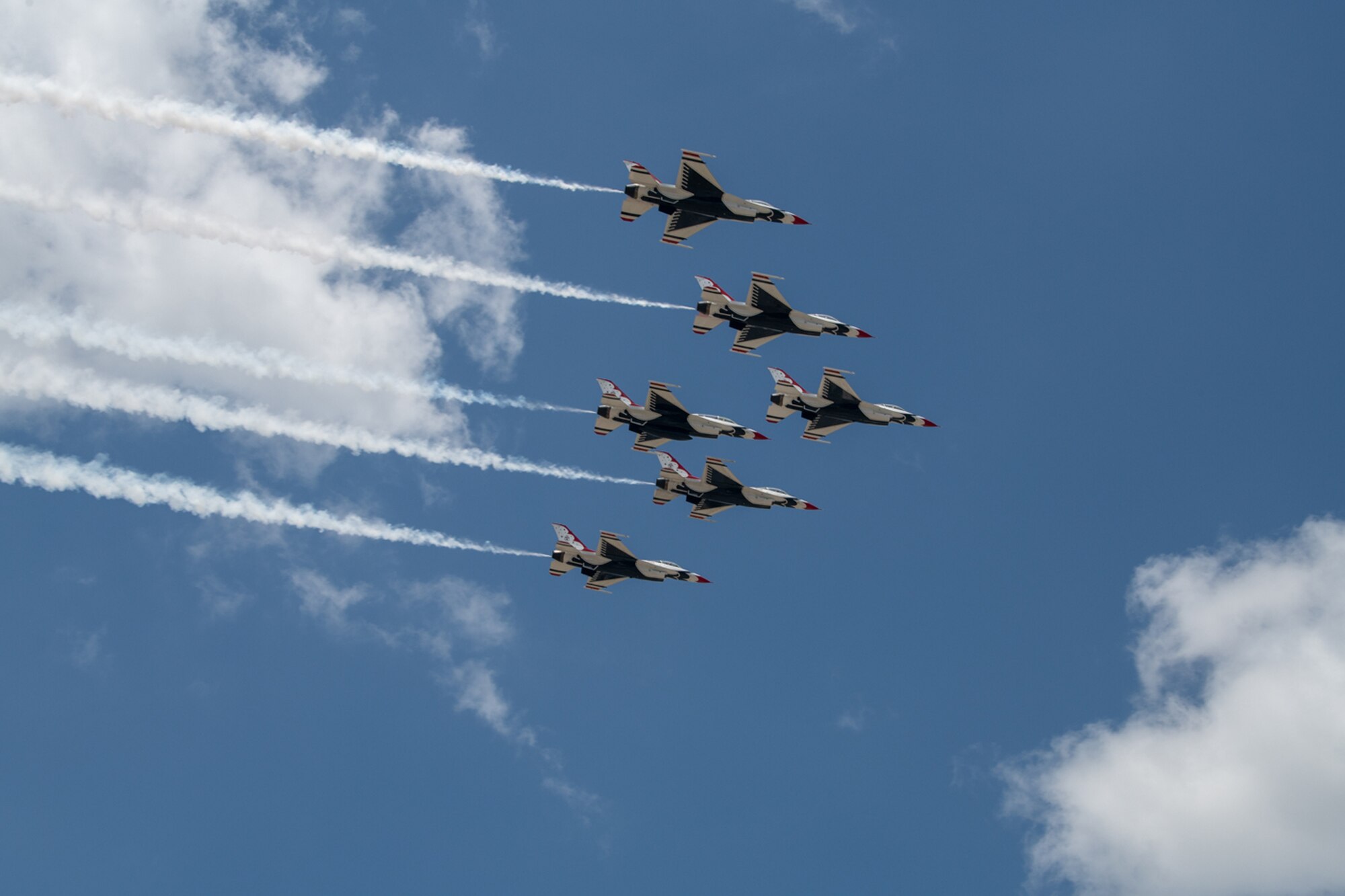 The United States Air Force Air Demonstration Squadron “Thunderbirds” fly over the city of San Antonio May 13 Texas in support of Operation America Strong.