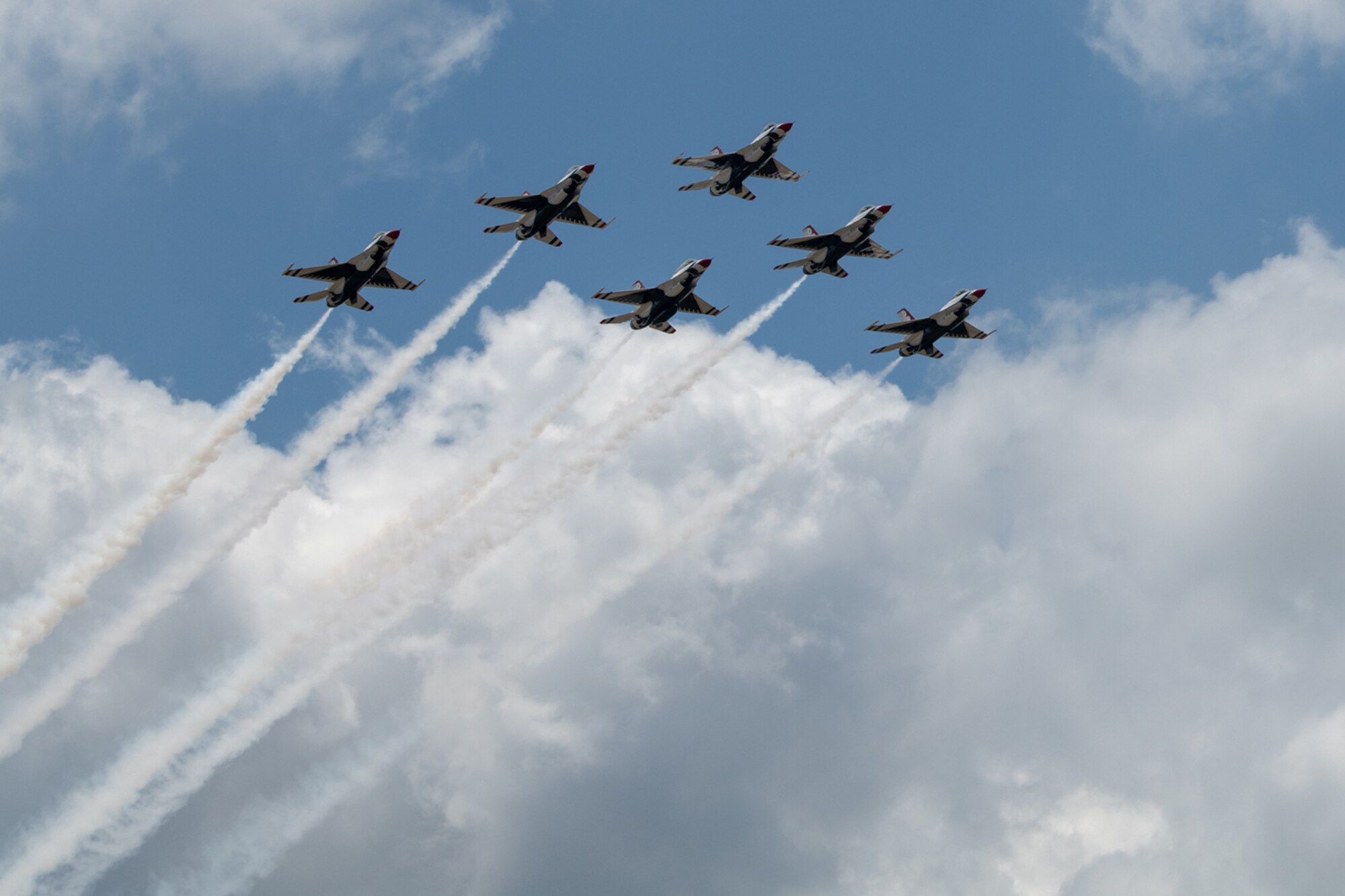 The United States Air Force Air Demonstration Squadron “Thunderbirds” fly over the city of San Antonio May 13 in support of Operation America Strong.