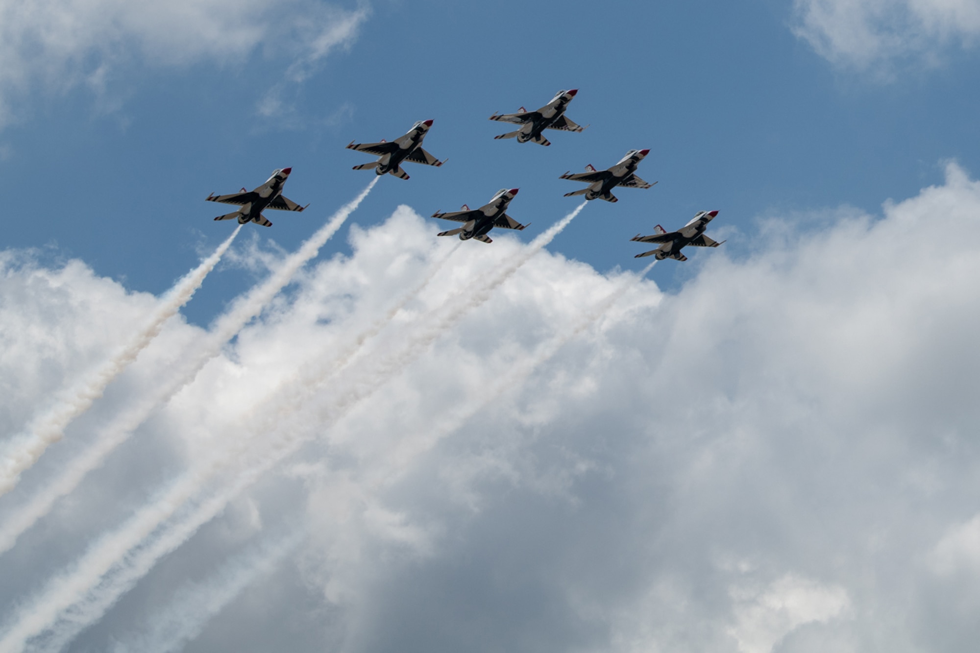 The United States Air Force Air Demonstration Squadron “Thunderbirds” fly over the city of San Antonio May 13 in support of Operation America Strong.