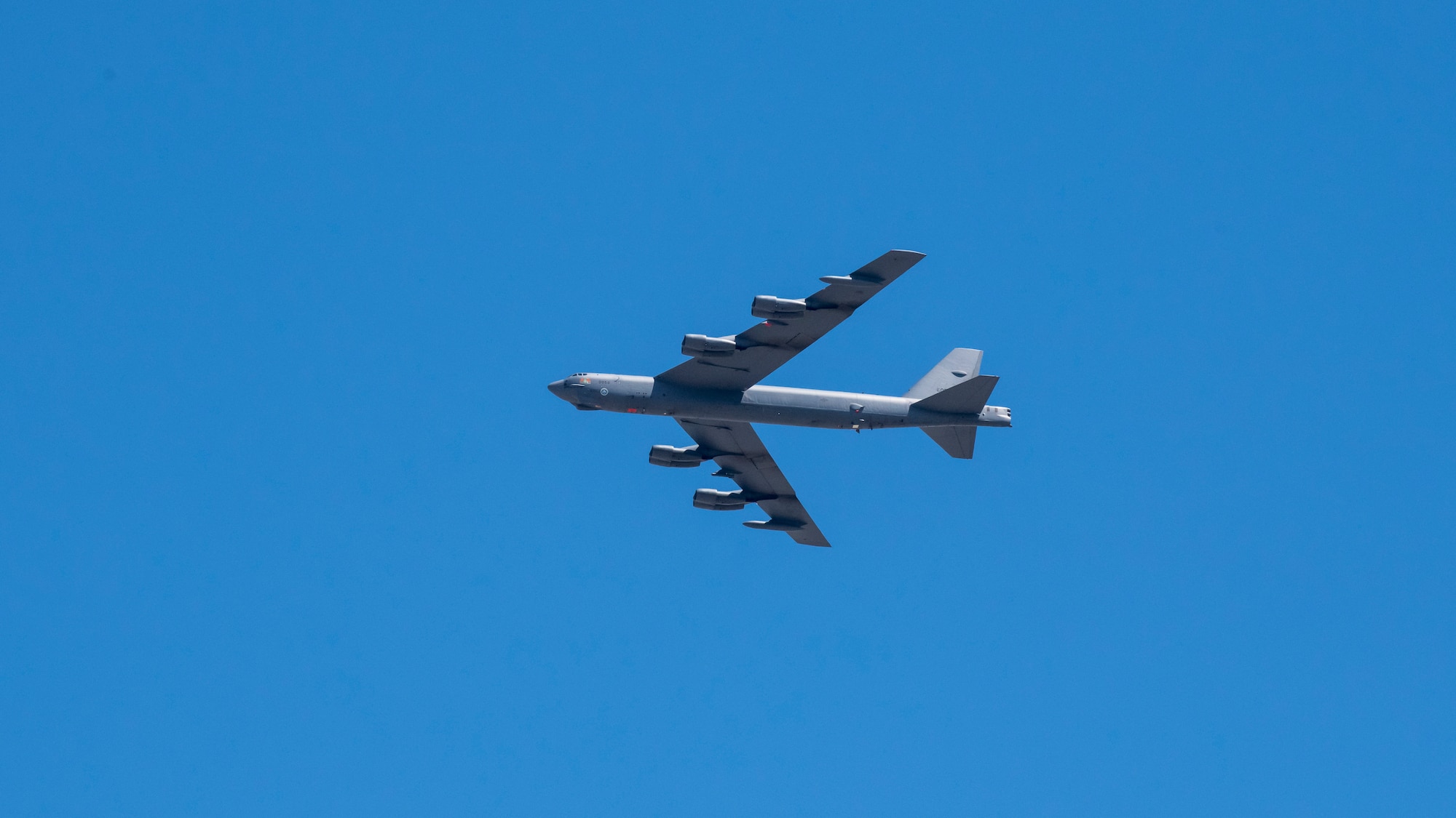 A B52 Stratofortress from the 412th Test Wing out of Edwards Air Force Base, California, flies over the Antelope Valley communities of Lancaster and Palmdale in northern Los Angeles County, May 14. The flyover is in honor of, and to show gratitude to the front-line health care workers helping fight the COVID-19 pandemic in the Antelope Valley, also referred to as the Aerospace Valley. (Air Force photo by Giancarlo Casem)