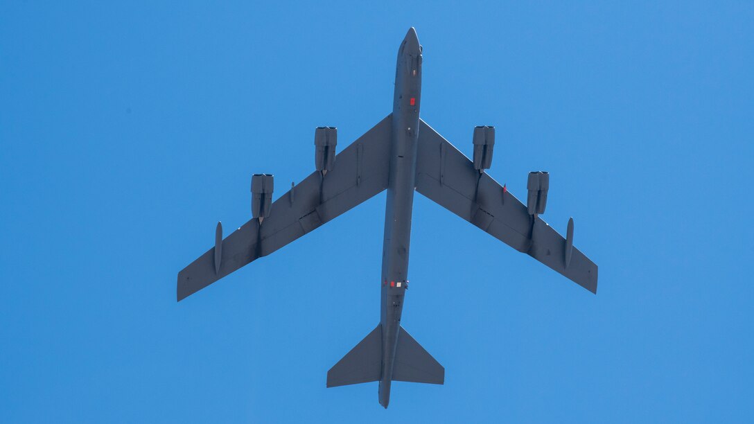 A B52 Stratofortress from the 412th Test Wing out of Edwards Air Force Base, California, flies over the Antelope Valley communities of Lancaster and Palmdale in northern Los Angeles County, May 14. The flyover is in honor of, and to show gratitude to the front-line health care workers helping fight the COVID-19 pandemic in the Antelope Valley, also referred to as the Aerospace Valley. (Air Force photo by Giancarlo Casem)