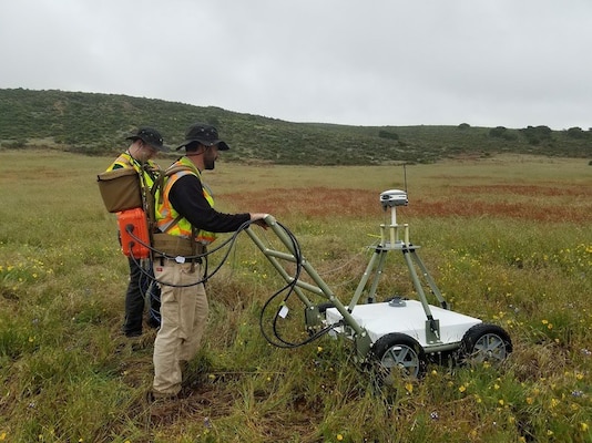 Technicians use electromagnetic metal detectors to determine if an item below ground is a military munition. Huntsville Center’s Ordnance and Explosives Military Munitions Design Center manages and executes many of the U.S. Army Corps of Engineers’ Military Munitions Response Program projects for Formerly Used Defense Site and Base Realignment and Closure sites.