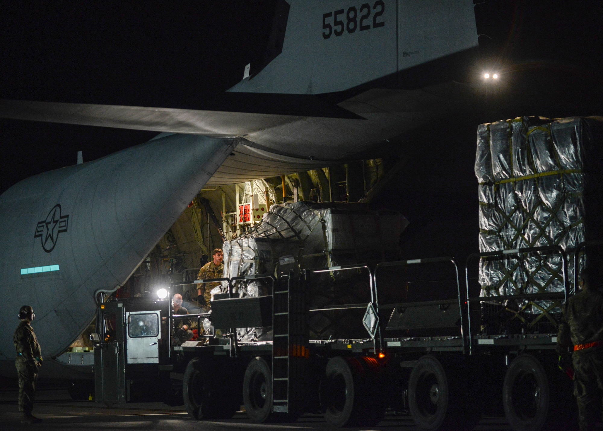 A C-130 Hercules stationed out of Ramstein Air Base, Germany delivers pallets of medical equipment to Aviano Air Base, Italy, March 20, 2020.