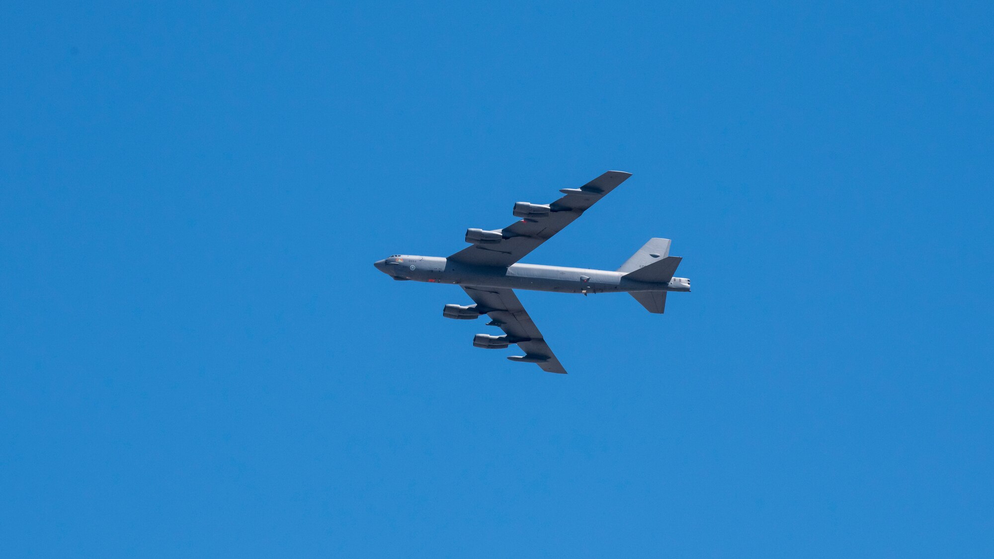 A B52 Stratofortress from the 412th Test Wing out of Edwards Air Force Base, California, flies over the Antelope Valley communities of Lancaster and Palmdale in northern Los Angeles County, May 14. The flyover is in honor of, and to show gratitude to the front-line health care workers helping fight the COVID-19 pandemic in the Antelope Valley, also referred to as the Aerospace Valley. (Air Force photo by Giancarlo Casem)