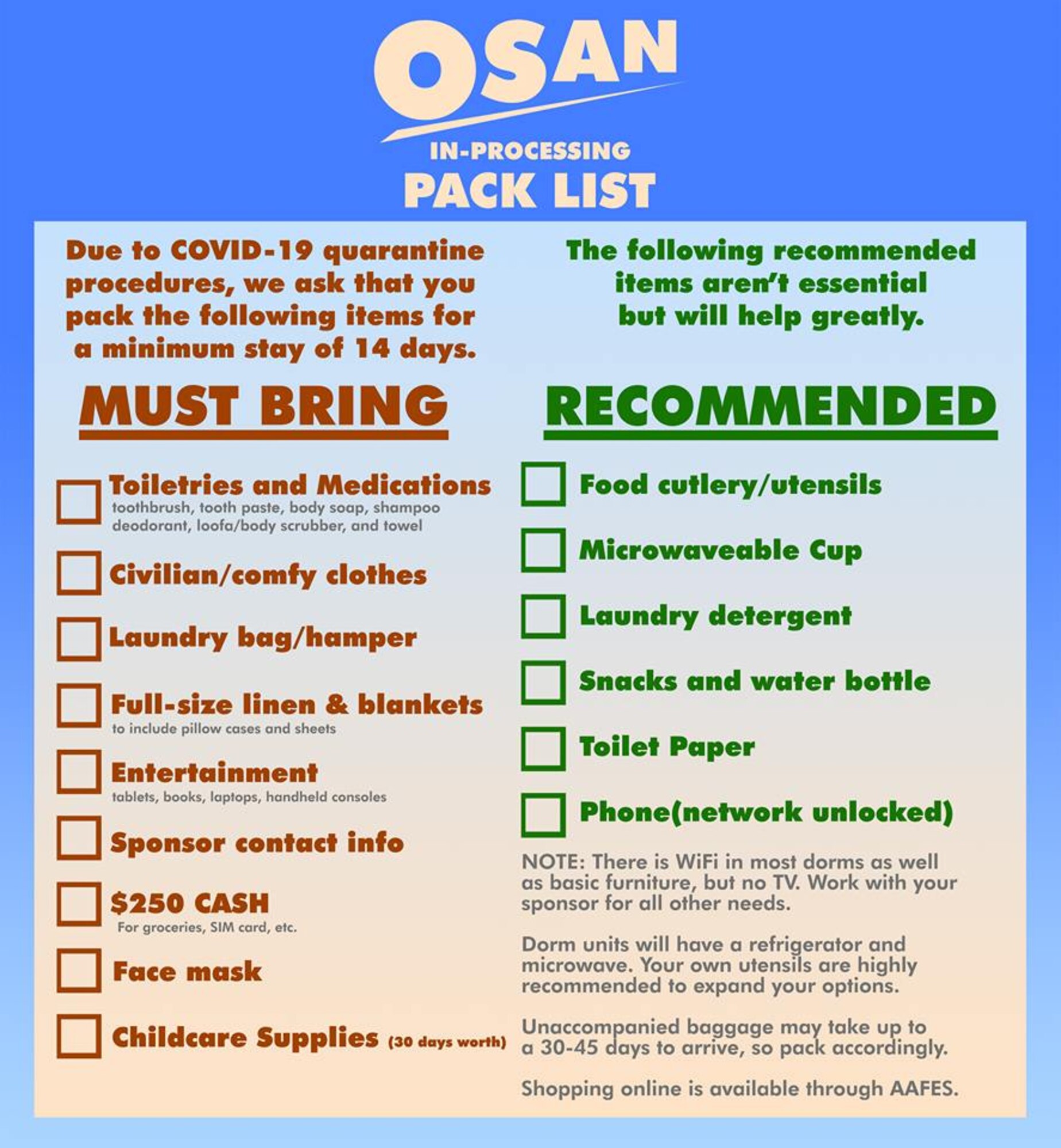 Osan quarantine packing list. (U.S. Air Force graphic by Staff Sgt. Benjamin Bugenig)