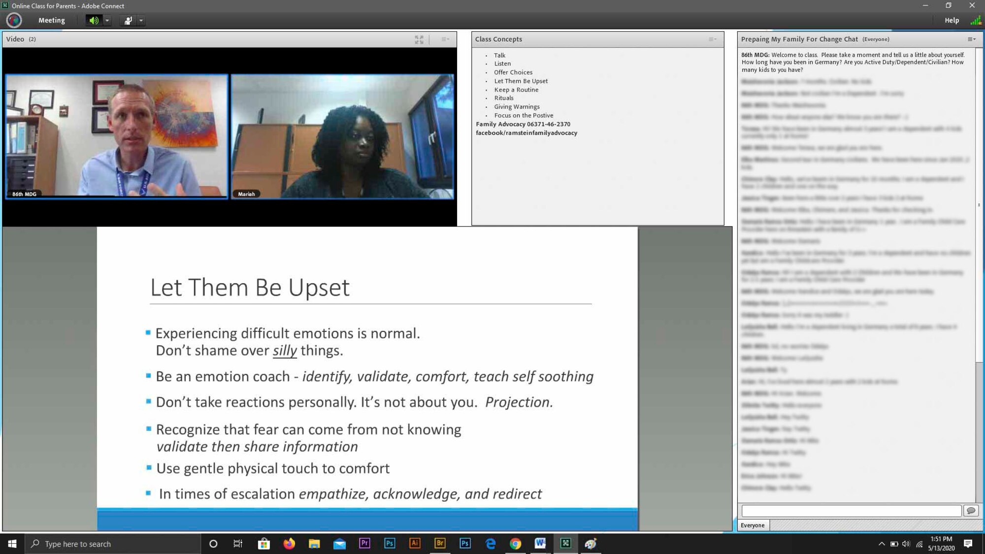 Jeffrey Bright and Mariah Boykin, 86th Medical Operations Squadron Family Advocacy Program intervention specialists, teach the online class Preparing Your Family for Change (COVID-19) at Ramstein Air Base, Germany, May 13, 2020.
