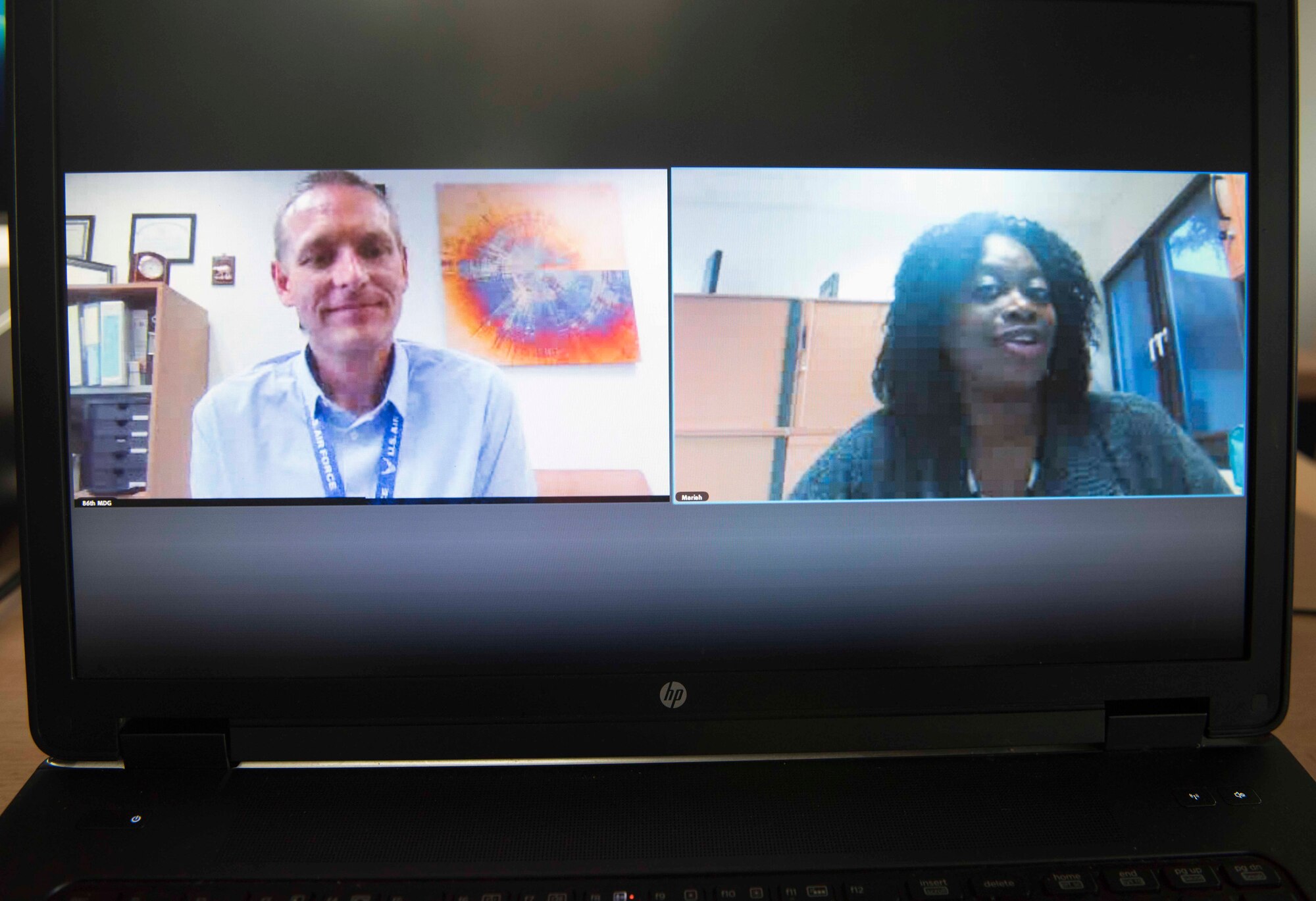 Jeffrey Bright and Mariah Boykin, 86th Medical Operations Squadron Family Advocacy Program intervention specialists, teach the online class Preparing Your Family for Change (COVID-19) at Ramstein Air Base, Germany, May 13, 2020.
