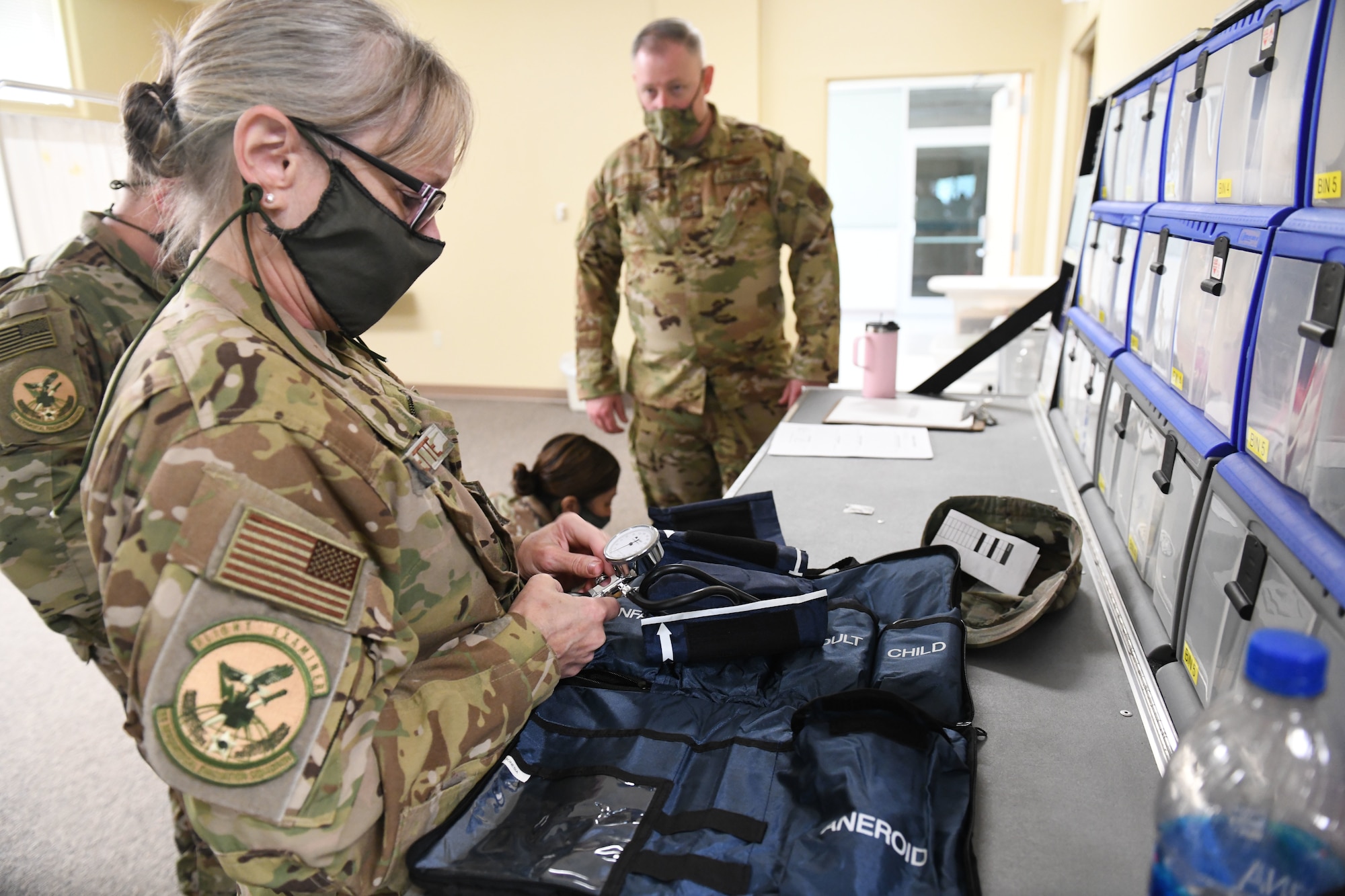 U.S. Air Force Lt. Col. Rachel Mallette, Chief Nurse with the 145th Aeromedical Evacuation Squadron conducts an inventory of medical supplies while conducting medical drills prior to accepting live patients, at the North Carolina National Guard Medical Support Shelter (MSS), Central North Carolina, April 29, 2020. The MSS is intended to act as an overflow shelter for hospital patients not infected with the COVID-19 virus and is maned by a joint task force of Army and Airforce National Guard medical staff.