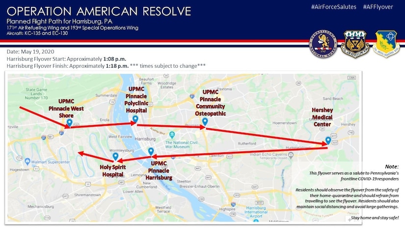 The Pennsylvania Air National Guard will present an aircraft flyover in the Harrisburg area Tuesday, May 19, as part of Operation American Resolve, a nationwide salute to all those supporting COVID-19 response efforts. (U.S. Air National Guard courtesy photo)