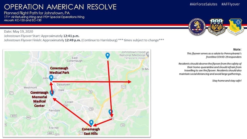 The Pennsylvania Air National Guard will present an aircraft flyover in the  Johnstown area Tuesday, May 19, as part of Operation American Resolve, a nationwide salute to all those supporting COVID-19 response efforts. (U.S. Air National Guard courtesy photo)
