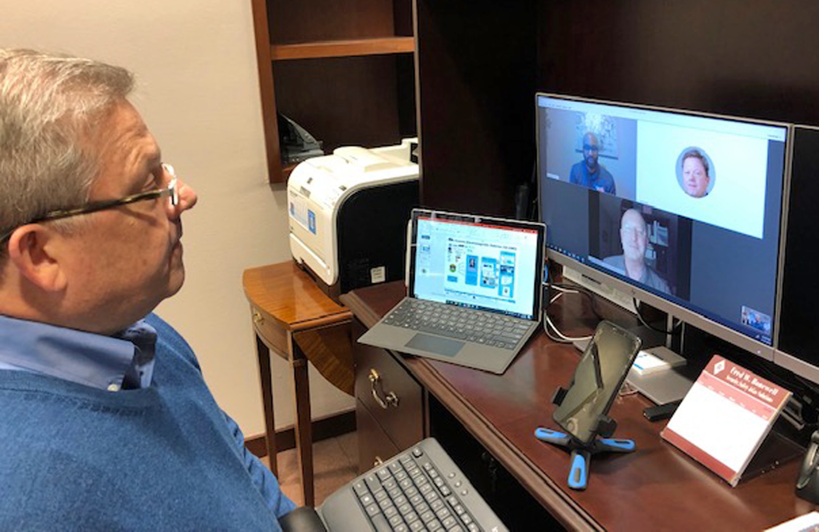 Fred Bonewell, chief of security and safety, and gas solutions officer for CPS Energy, meets virtually with JBSA-Electromagnetic Defense Initiative members May 12, 2020.