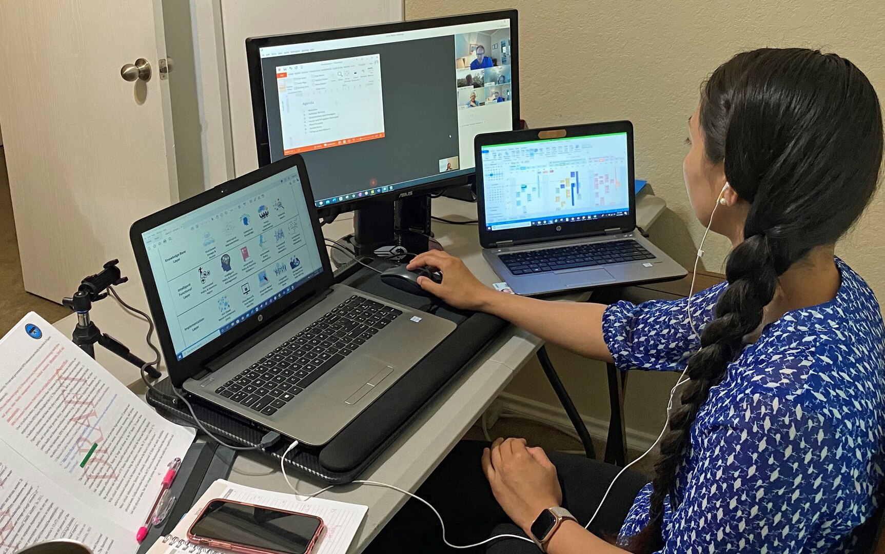 Tech. Sgt. Blanche "Touché" Dudoit, emergency operations coordinator for the Joint Base San Antonio-Electromagnetic Defense Initiative, participates in a virtual meeting with the Domestic Electromagnetic Spectrum Operations Steering Committee May 12, 2020.