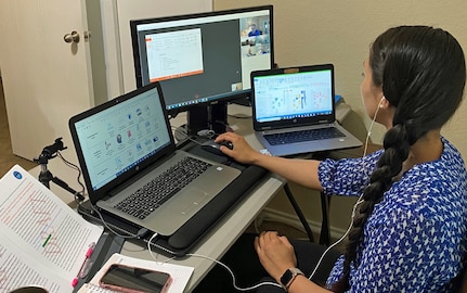 Tech. Sgt. Blanche "Touché" Dudoit, emergency operations coordinator for the Joint Base San Antonio-Electromagnetic Defense Initiative, participates in a virtual meeting with the Domestic Electromagnetic Spectrum Operations Steering Committee May 12, 2020.