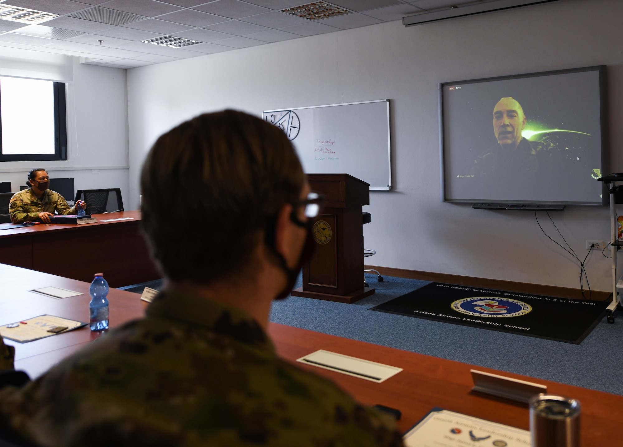 Chief Master Sgt. Roger A. Towberman, Senior Enlisted Advisor of the U.S. Space Force talks to Airmen during a virtual Airman Leadership School graduation at Aviano Air Base, Italy, May 15, 2020. USSPACECOM is responsible for deterring conflict, defending U.S. and Allied freedom of action in space, delivering combat-relevant space capability to the joint/combined force, and developing joint warfighters to advance U.S. and Allied interests in, through and from the space domain. (U.S. Air Force photo by Airman 1st Class Ericka A. Woolever)