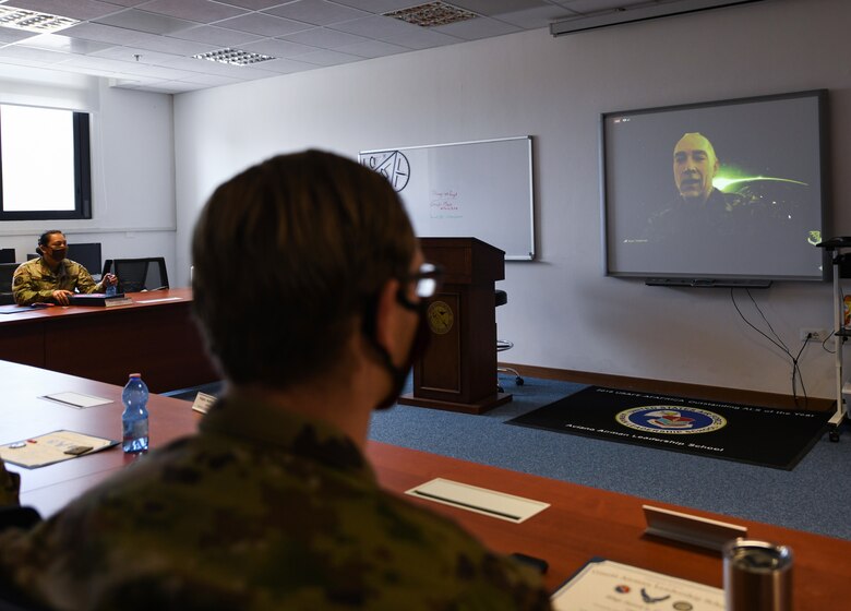 Chief Master Sgt. Roger A. Towberman, Senior Enlisted Advisor of the U.S. Space Force talks to Airmen during a virtual Airman Leadership School graduation at Aviano Air Base, Italy, May 15, 2020. USSPACECOM is responsible for deterring conflict, defending U.S. and Allied freedom of action in space, delivering combat-relevant space capability to the joint/combined force, and developing joint warfighters to advance U.S. and Allied interests in, through and from the space domain. (U.S. Air Force photo by Airman 1st Class Ericka A. Woolever)