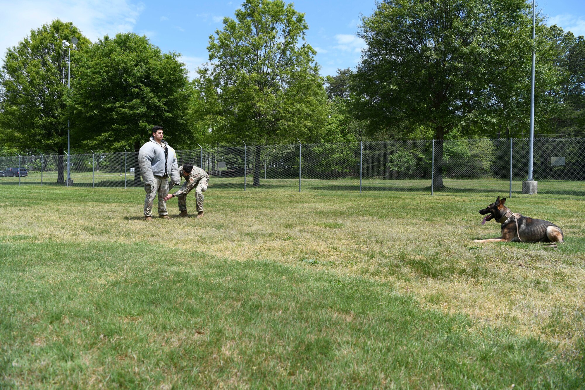 Staff Sgt. Trenton Kissinger, 11th Security Support Squadron military working dog handler, pats down Senior Airman Giancarlo Diaz, 11th SSPTS MWD handler, as part of a training exercise at Joint Base Andrews, Md., May 14, 2020. Along with training on base, the JBA MWD section trains with the Federal Bureau of Investigation, United States Secret Service, local police departments and more. Police Week is held annually during whichever week May 15th falls to honor all law enforcement officers past and present.  (U.S. Air Force photo by Airman 1st Class Spencer Slocum)