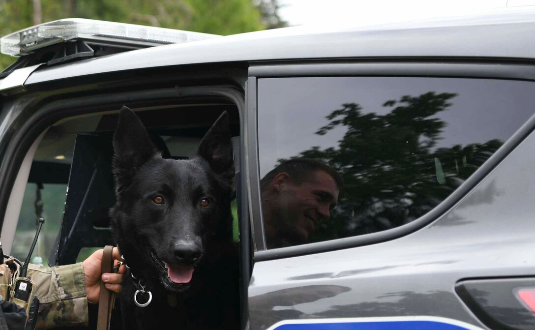 Staff Sgt. Travis Rhoad, 11th Security Support Squadron military working dog handler, and Cchango, MWD, prepare to go on patrol at Joint Base Andrews, Md., May 14, 2020. Cchango is one of the MWDs with the capability to perform patrols along with normal detection duties. Police Week is held annually during whichever week May 15th falls to honor all law enforcement officers past and present. (U.S. Air Force photo by Airman 1st Class Spencer Slocum)
