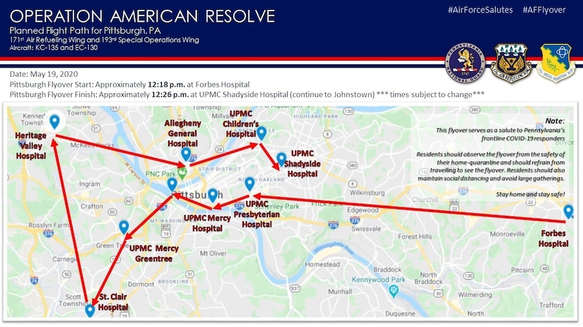 The Pennsylvania Air National Guard will present an aircraft flyover in the Pittsburgh area Tuesday, May 19, as part of Operation American Resolve, a nationwide salute to all those supporting COVID-19 response efforts. (U.S. Air National Guard courtesy photo)