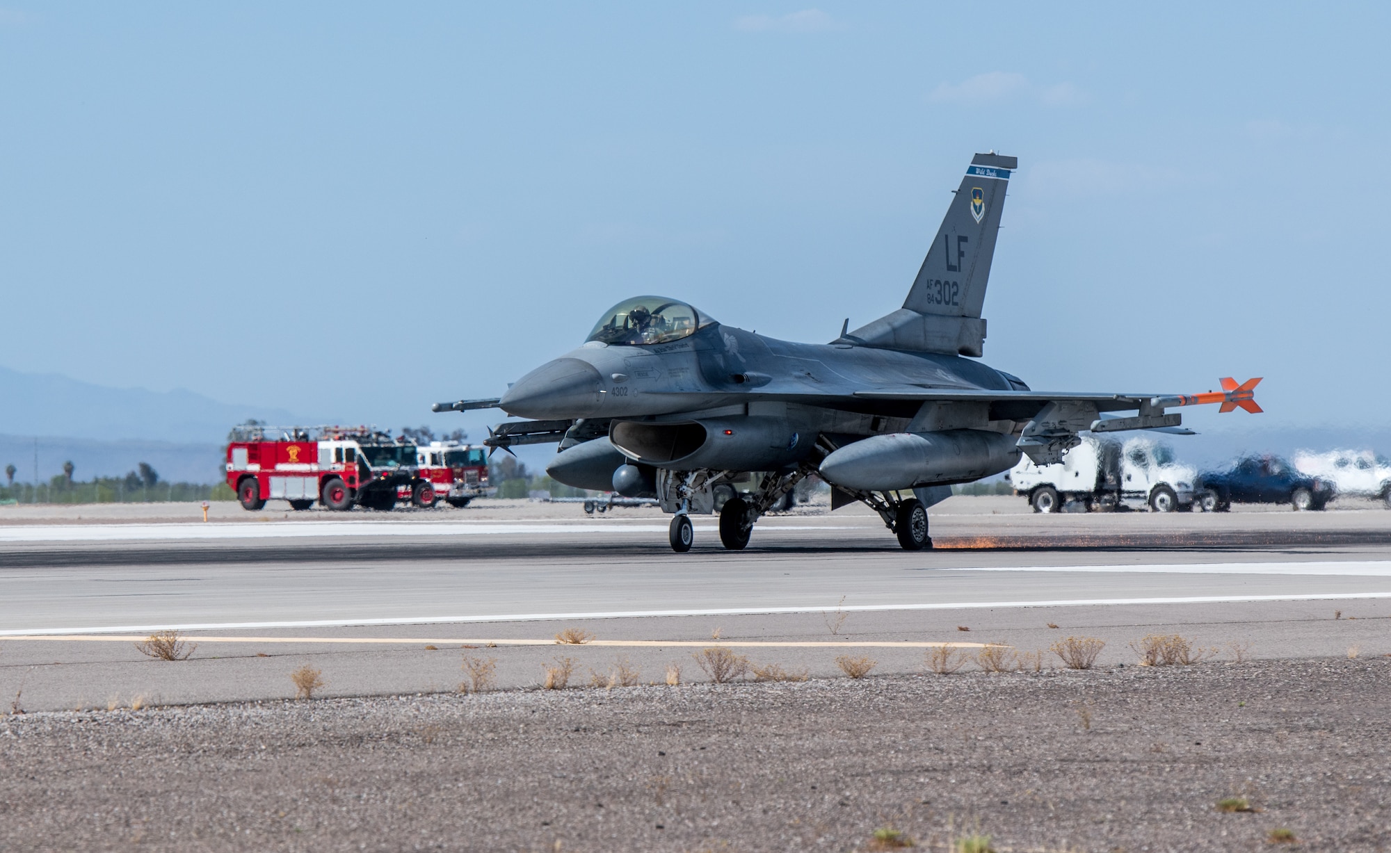 An F-16C Fighting Falcon assigned to the 309th Fighter Squadron accelerates towards emergency cables during an annual drill to recertify the BAK-12 arresting system May 8, 2020, at Luke Air Force Base, Ariz.