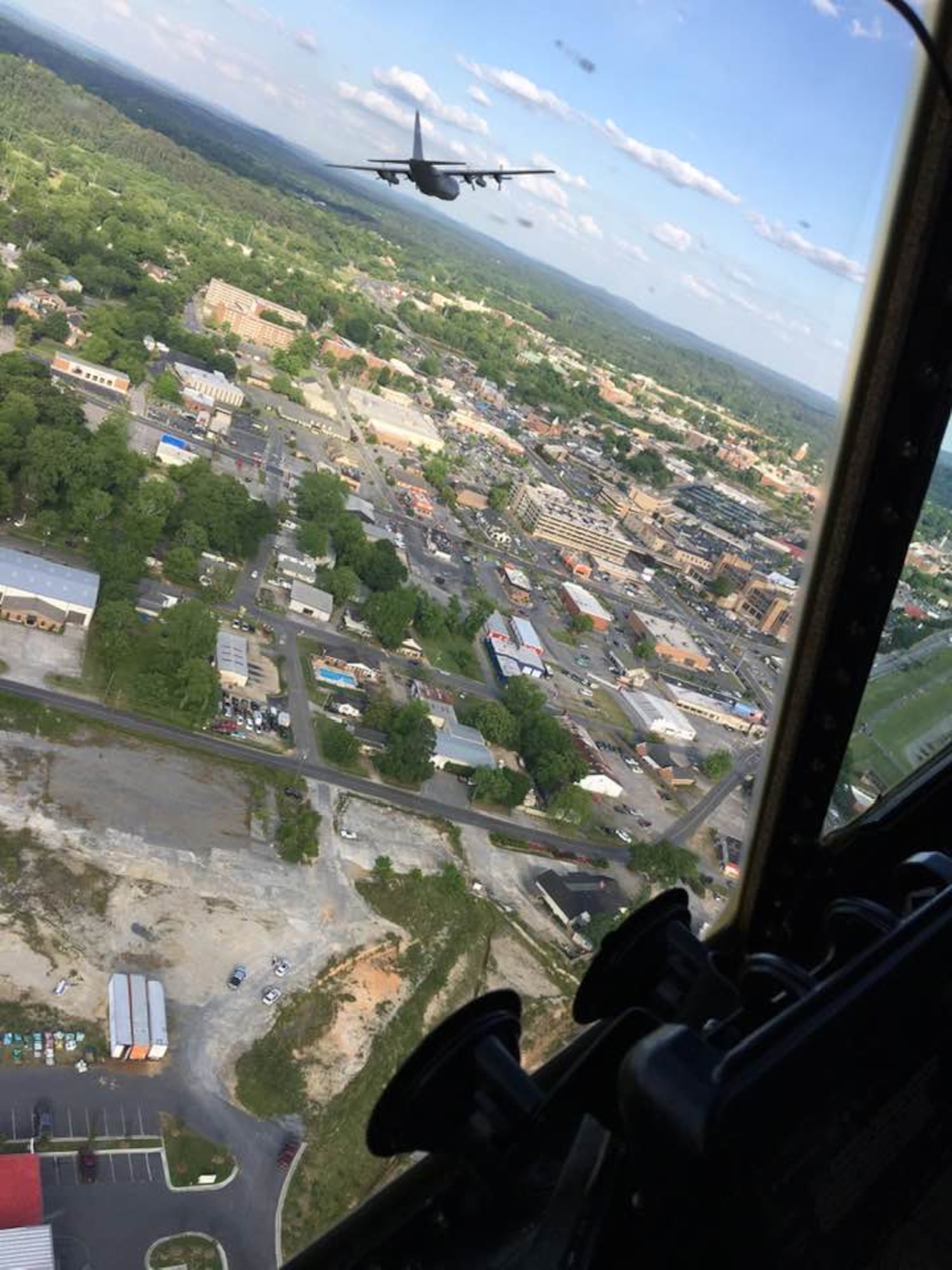 Two C-130H3 Hercules from Dobbins fly over north Georgia en route to a number of hospitals in the region where they performed a flyover to show appreciation on May 14, 2020. The two C-130s took off from Dobbins around 6 p.m. that day and headed toward hospitals in Kennesaw, Canton, Japer, Dalton, Rome, Cartersville and Hiram. (Courtesy photo/Chief Master Sgt. Vicki Robertson)