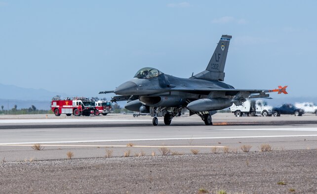 An F-16C Fighting Falcon assigned to the 309th Fighter Squadron accelerates towards emergency cables during an annual drill to recertify the BAK-12 arresting system May 8, 2020, at Luke Air Force Base, Ariz.