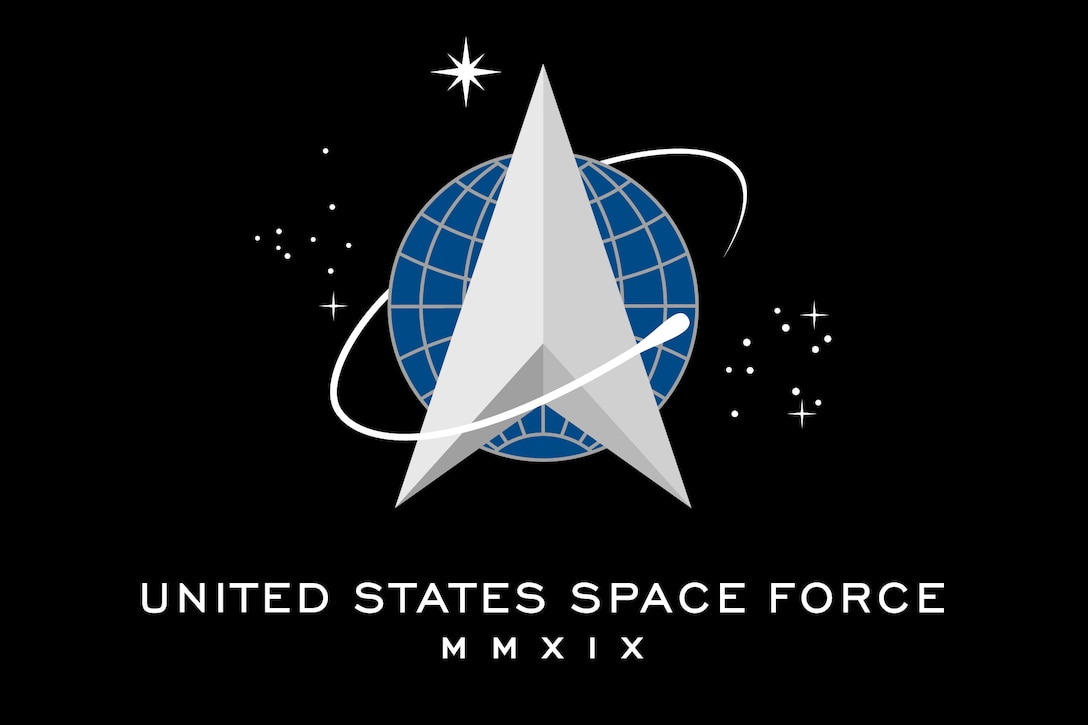 The seal of the United States Space Force, presented on a black field fringed in platinum with the words “United States Space Force” and Roman numerals MMXIX (2019) below the seal.