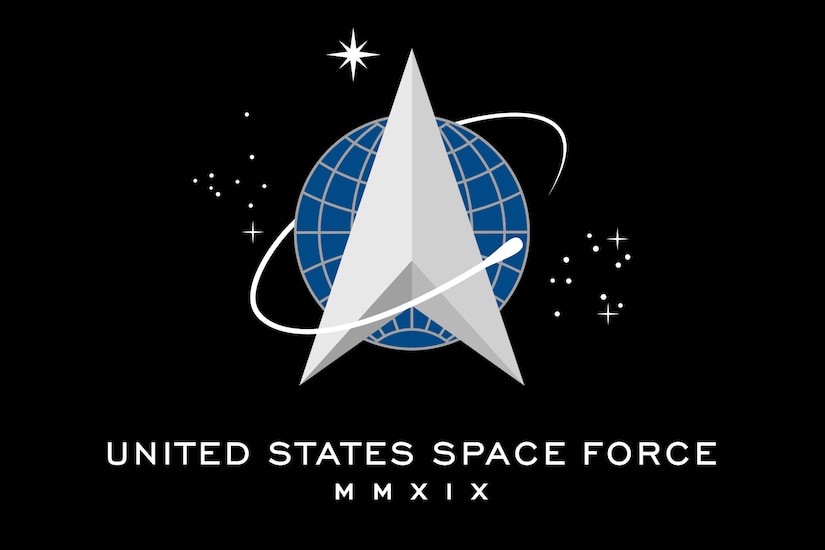 The seal of the United States Space Force, presented on a black field fringed in platinum with the words “United States Space Force” and Roman numerals MMXIX (2019) below the seal.